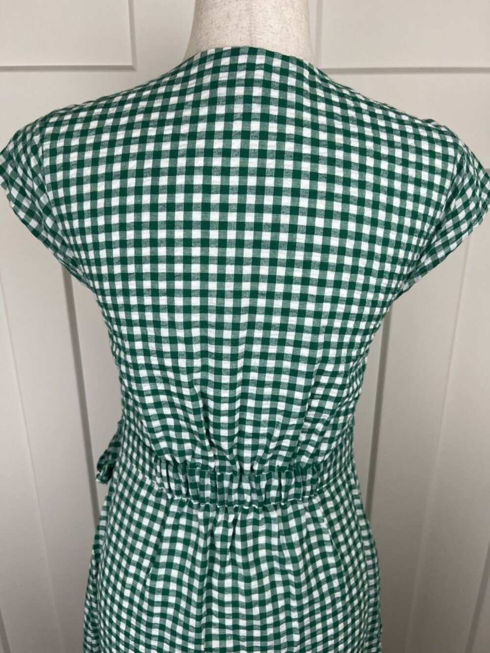 Banana Republic Gingham Wrap Dress Size 4 Green White Cotton Linen Fit Flare - Picture 6 of 11